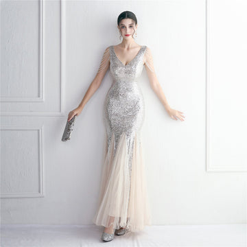 Sequin Mesh Craft Beaded Party Dress: Elegant Long Cocktail Slim Fit Evening Dress